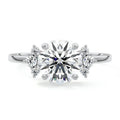 Silver Round Diamond Side Stone Engagement Ring with Floral Round Cluster Accents