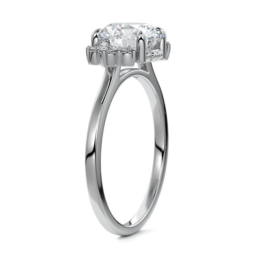 Silver Round Diamond Side Stone Engagement Ring with Floral Round Cluster Accents