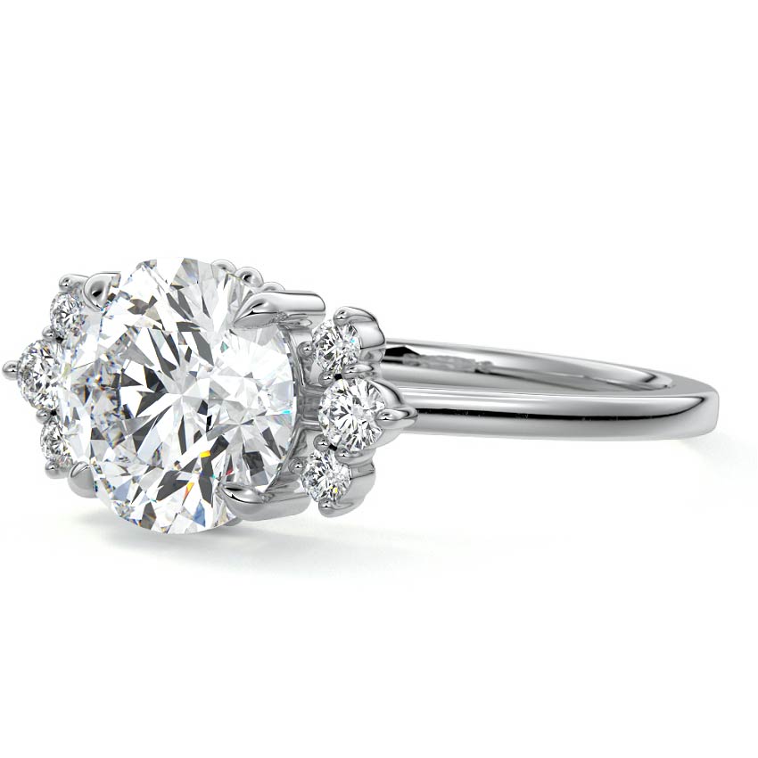 Silver Round Diamond Side Stone Engagement Ring with Floral Round Cluster Accents