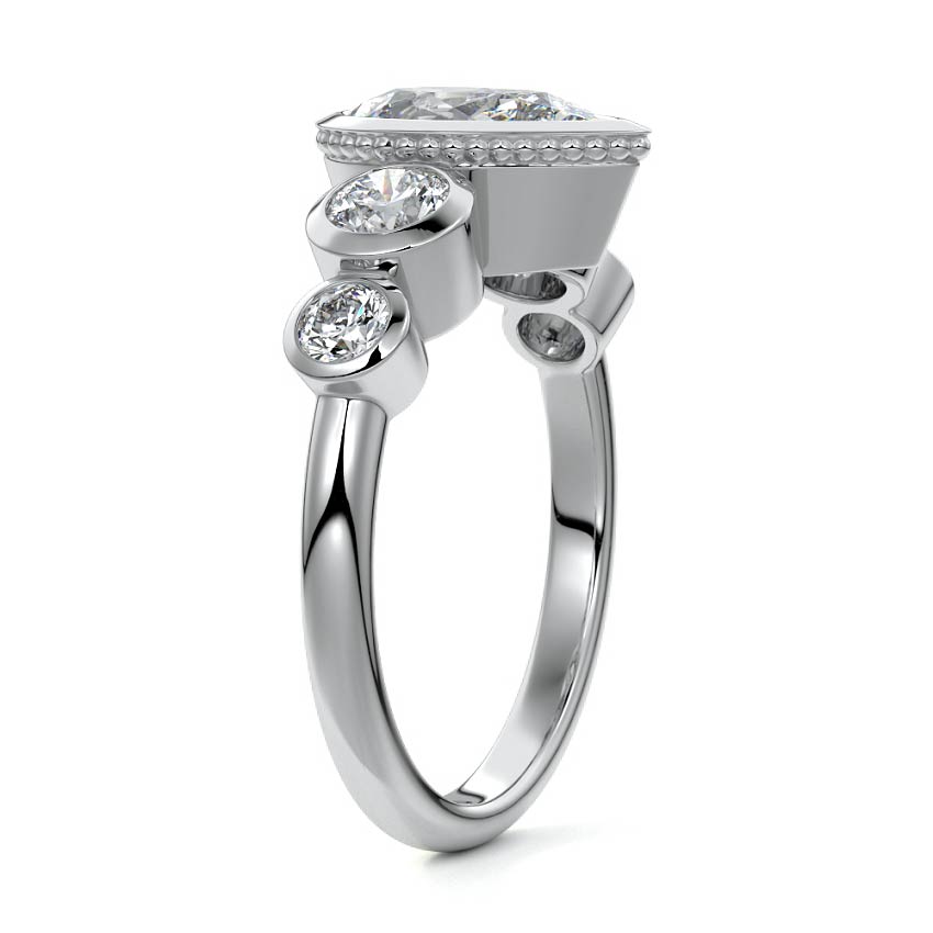 White gold Pear Diamond Ring with Bezel Setting and Round Side Accents