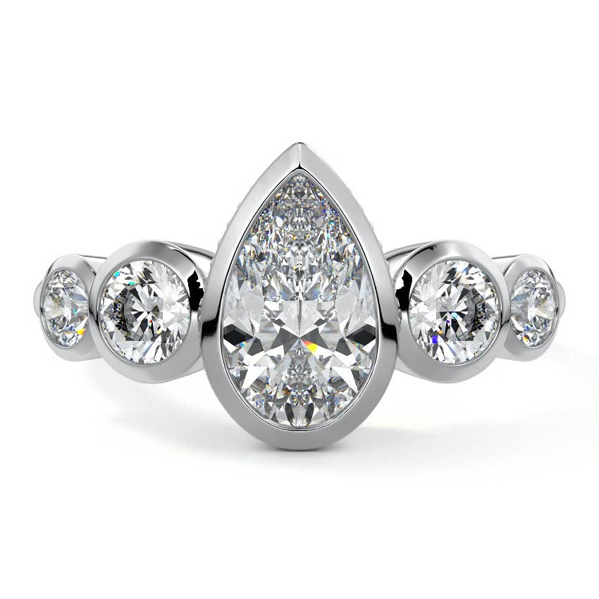 White gold Pear Diamond Ring with Bezel Setting and Round Side Accents