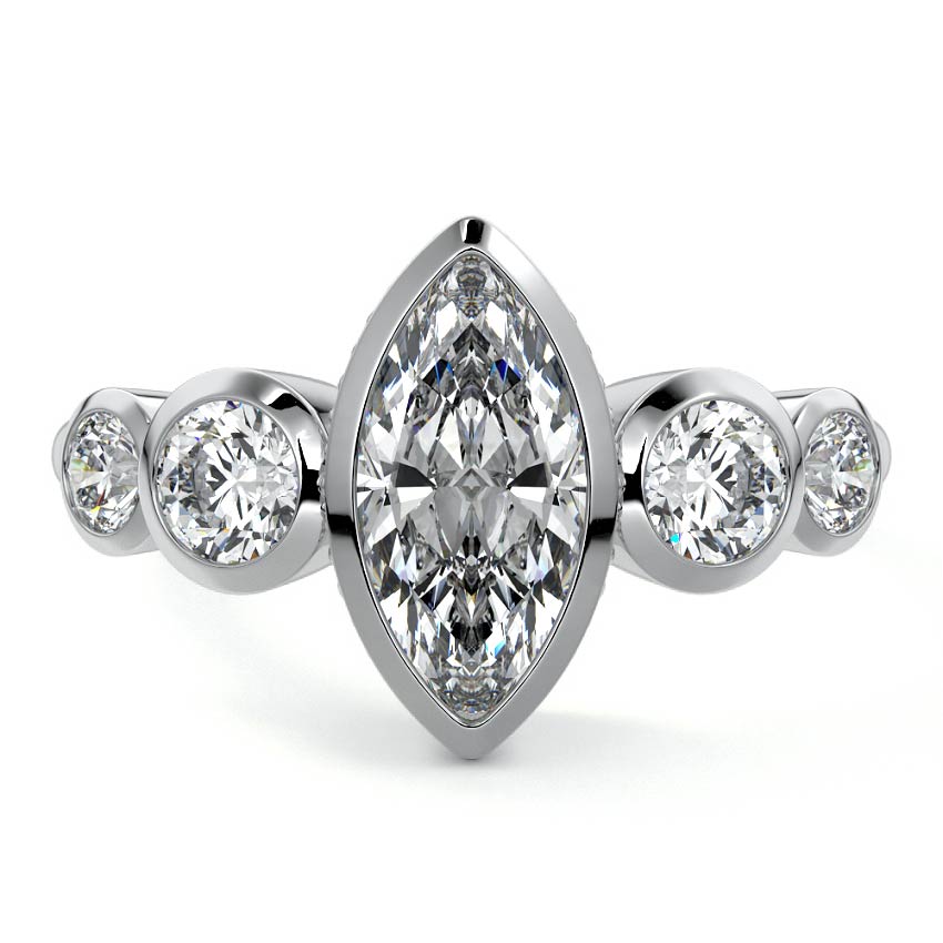 White gold Marquise Diamond Ring with Bezel Setting and Round Side Accents