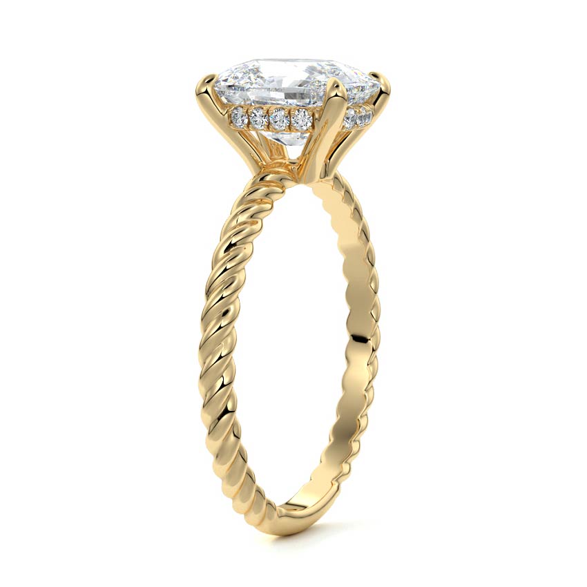 Yellow gold Cushion Diamond Solitaire Engagement Ring with Hidden Halo and Twisted Band