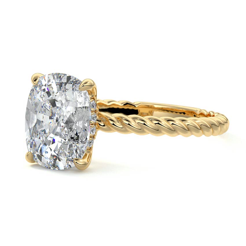 Yellow gold Cushion Diamond Solitaire Engagement Ring with Hidden Halo and Twisted Band