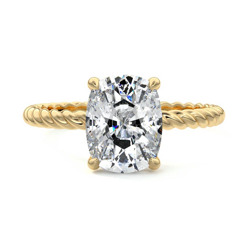 Yellow gold Cushion Diamond Solitaire Engagement Ring with Hidden Halo and Twisted Band