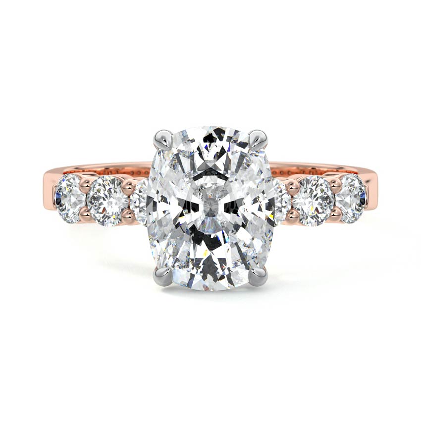 Rose gold Cushion Diamond Engagement Ring with Graduated Side Stones and Prong Setting