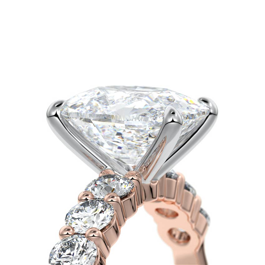 Rose gold Cushion Diamond Engagement Ring with Graduated Side Stones and Prong Setting