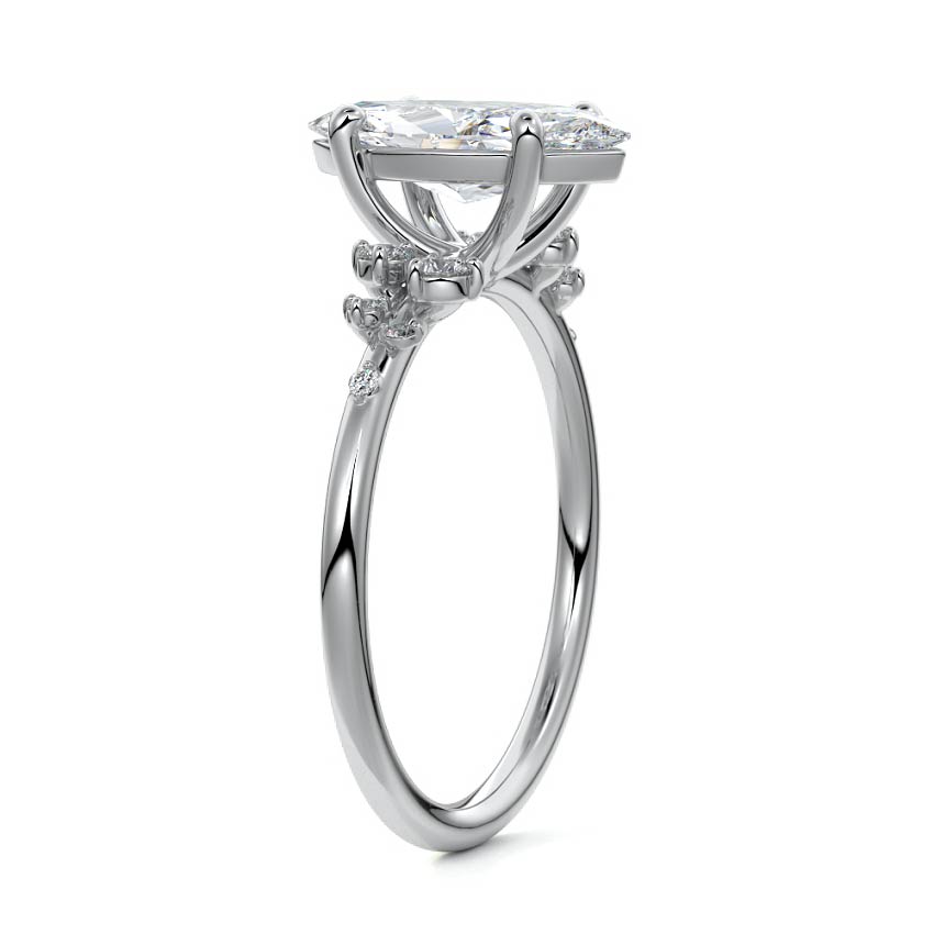 White gold Marquise Diamond Side Stone Engagement Ring with Clustered Round Accents