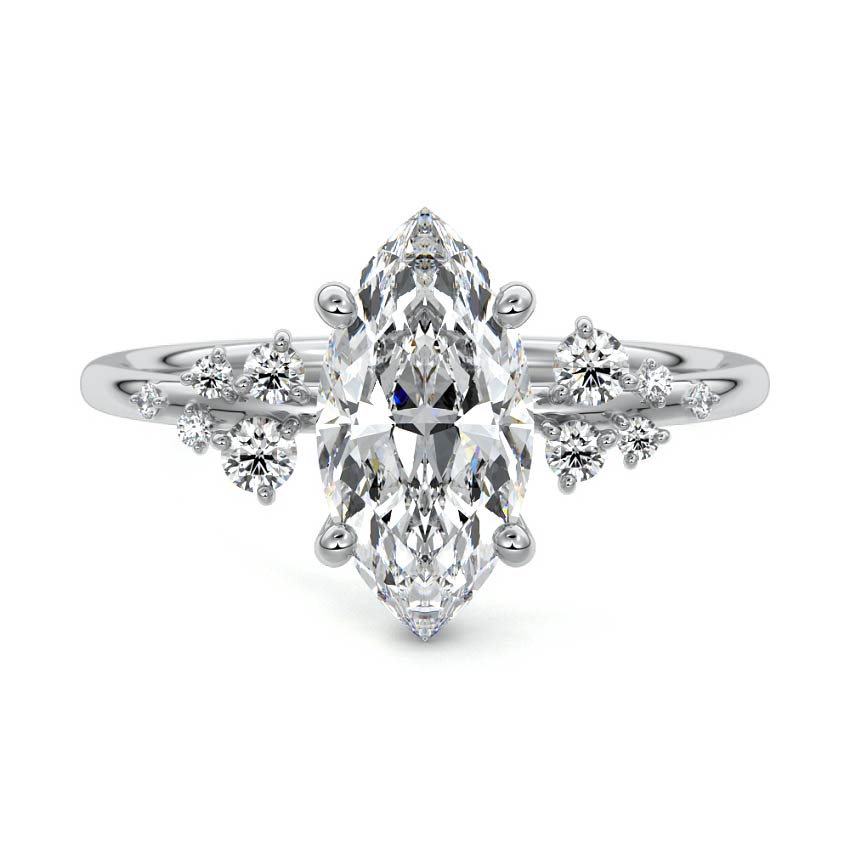 White gold Marquise Diamond Side Stone Engagement Ring with Clustered Round Accents