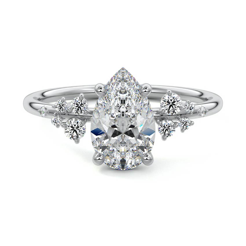 Silver Pear Diamond Side Stone Engagement Ring with Clustered Round Accents