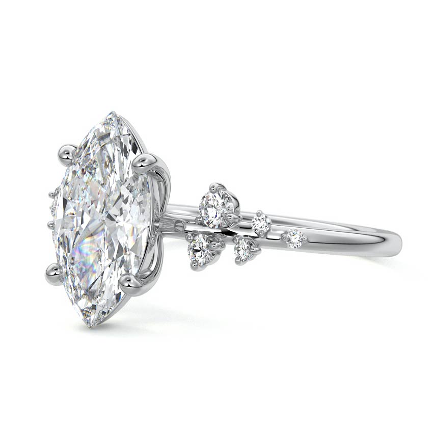 Silver Marquise Diamond Side Stone Engagement Ring with Clustered Round Accents