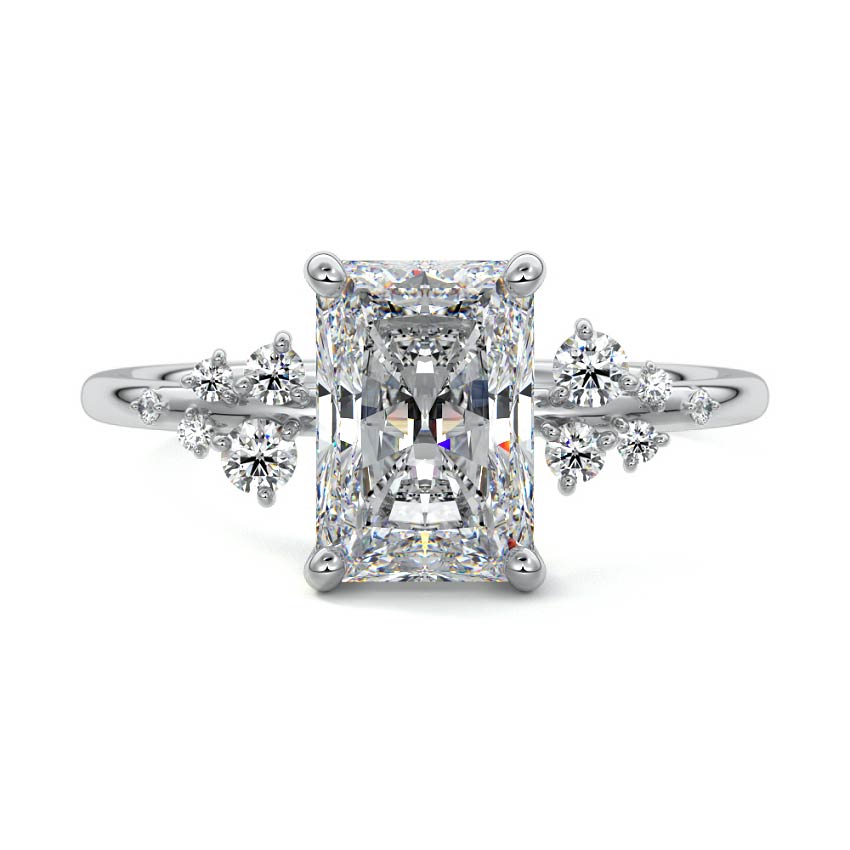 Platinum Radiant Diamond Side Stone Engagement Ring with Clustered Round Accents