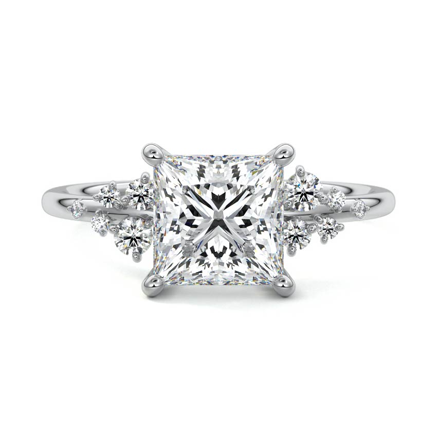Platinum Princess Diamond Side Stone Engagement Ring with Clustered Round Accents