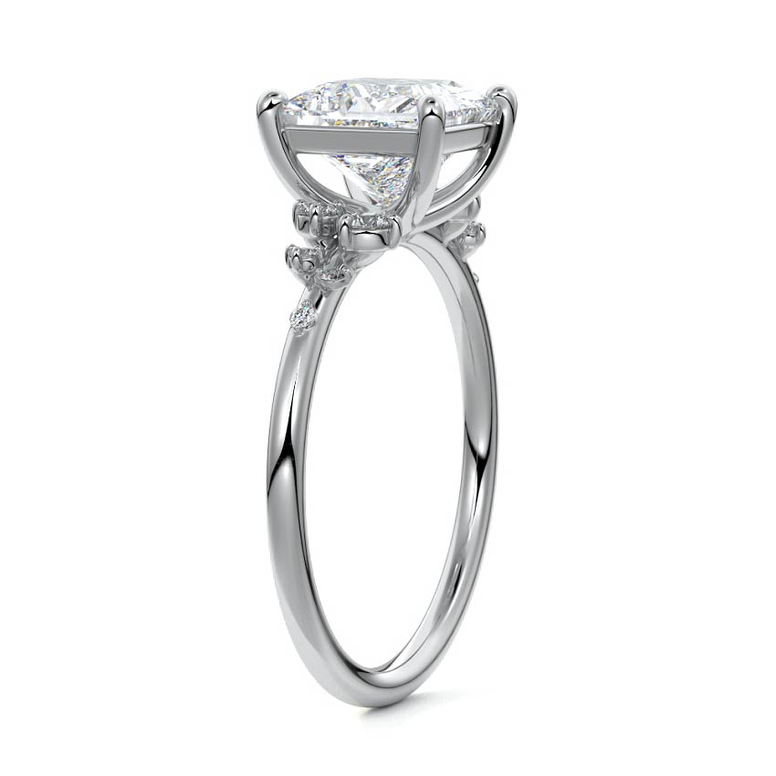 Platinum Princess Diamond Side Stone Engagement Ring with Clustered Round Accents