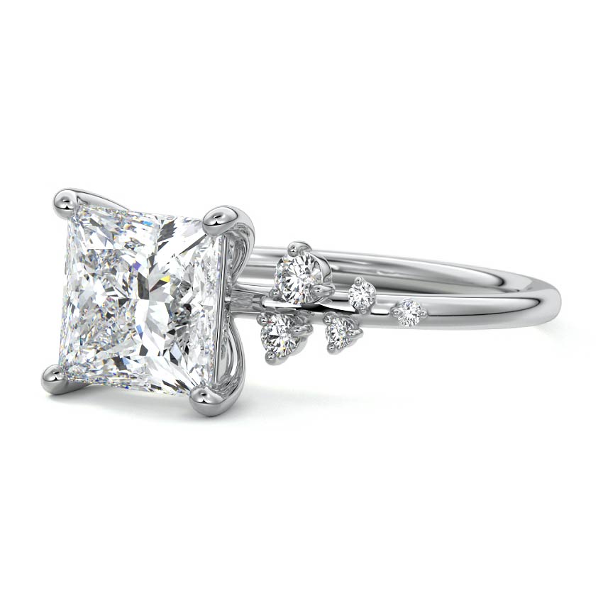 Platinum Princess Diamond Side Stone Engagement Ring with Clustered Round Accents
