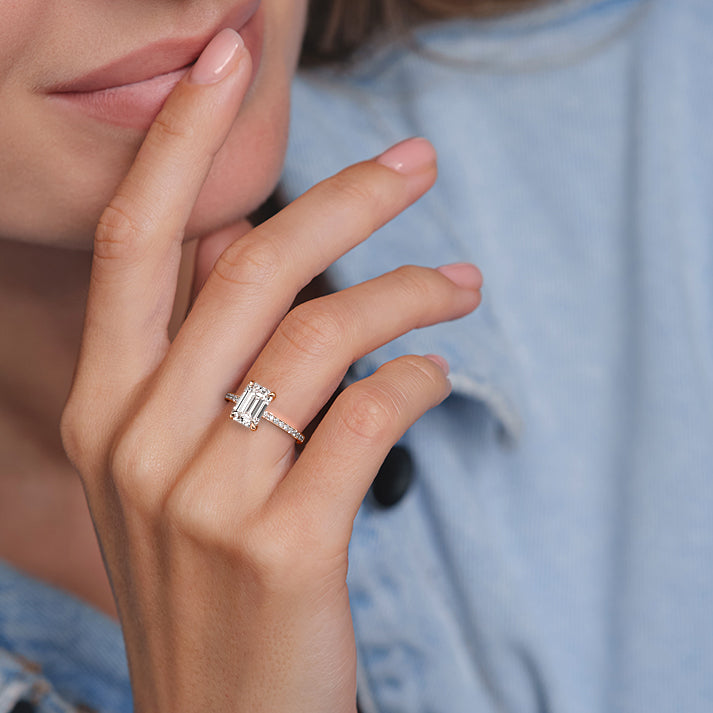 Rose gold Emerald Solitaire Diamond Engagement Ring with Pave Band