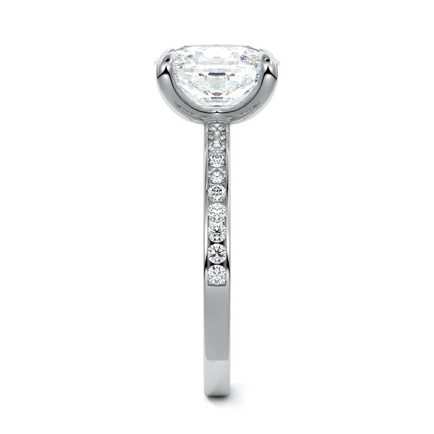 White gold Cushion Solitaire Diamond Engagement Ring with Pave Band