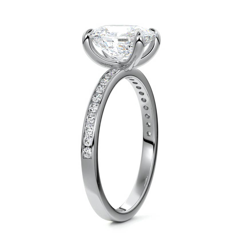 White gold Cushion Solitaire Diamond Engagement Ring with Pave Band