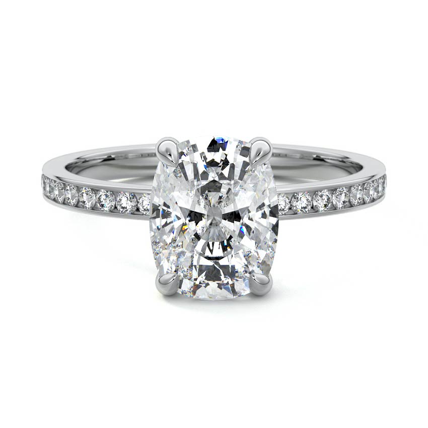 White gold Cushion Solitaire Diamond Engagement Ring with Pave Band