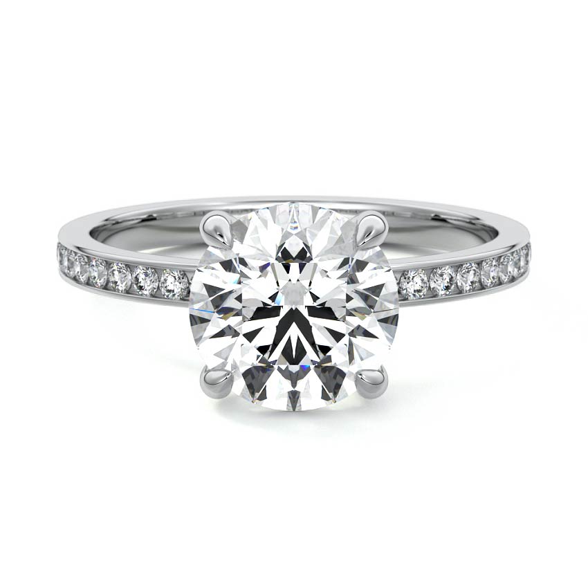 Silver Round Solitaire Diamond Engagement Ring with Pave Band