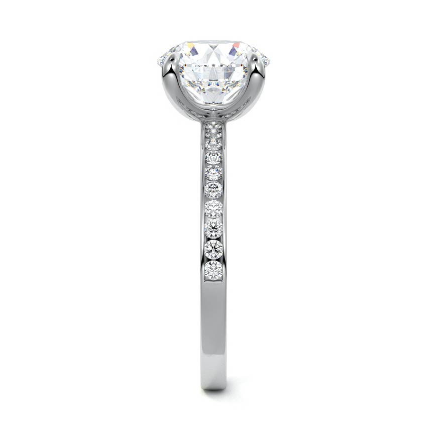 Silver Round Solitaire Diamond Engagement Ring with Pave Band