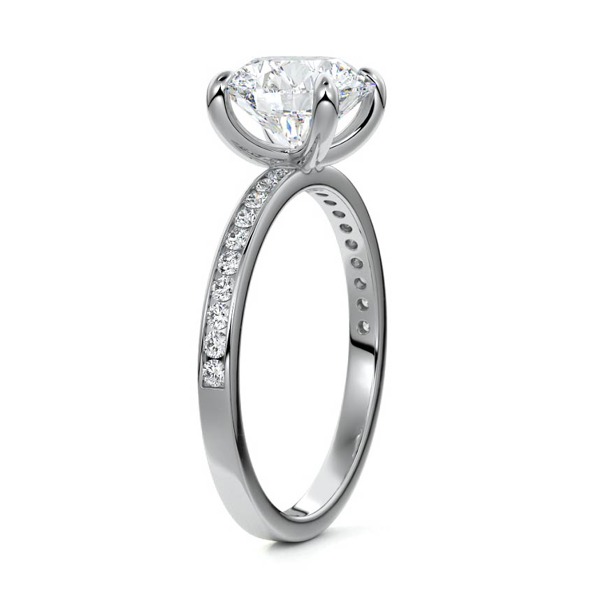 Silver Round Solitaire Diamond Engagement Ring with Pave Band