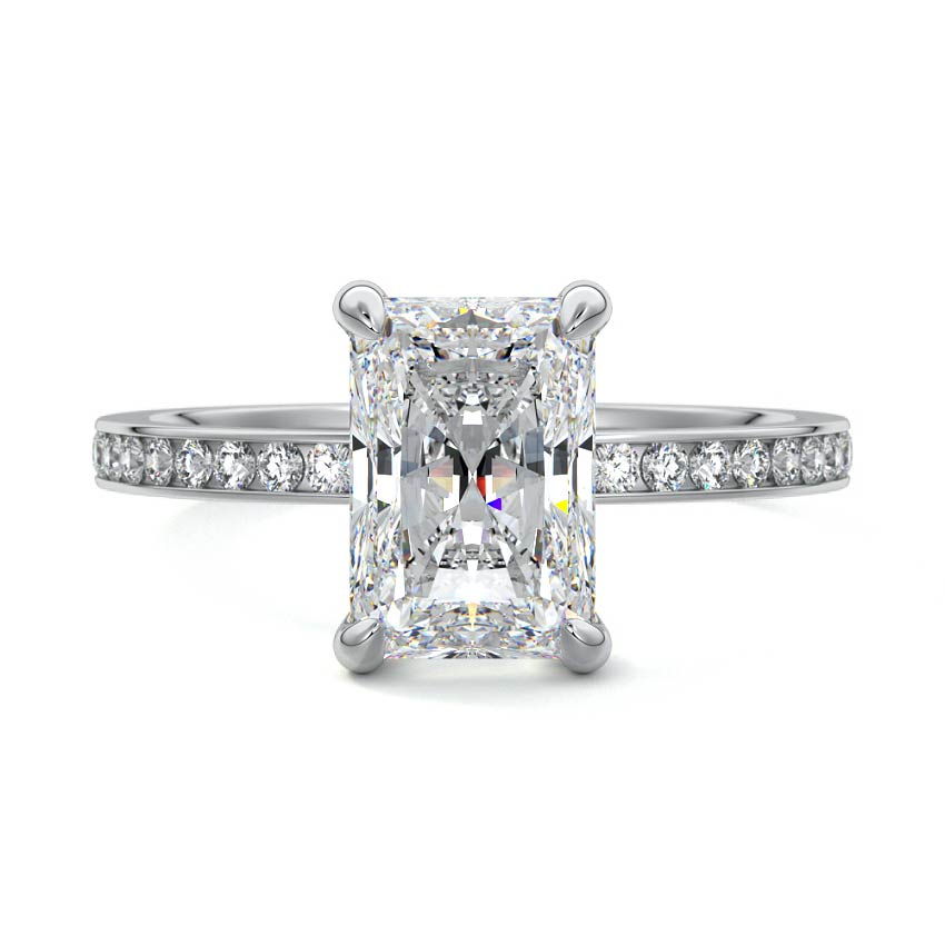 Silver Radiant Solitaire Diamond Engagement Ring with Pave Band