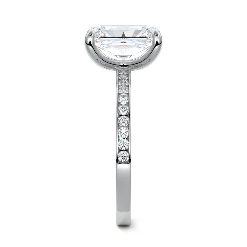 Silver Radiant Solitaire Diamond Engagement Ring with Pave Band