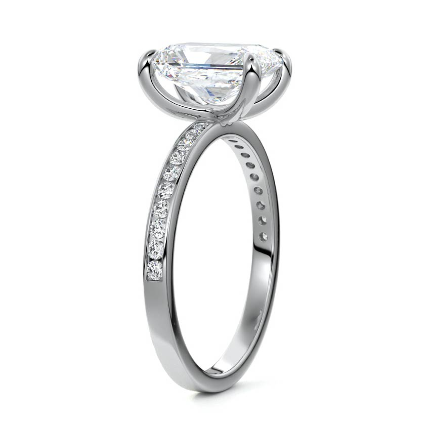 Silver Radiant Solitaire Diamond Engagement Ring with Pave Band