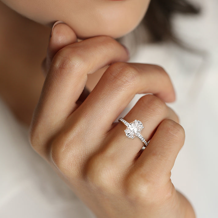 Silver Oval Solitaire Diamond Engagement Ring with Pave Band