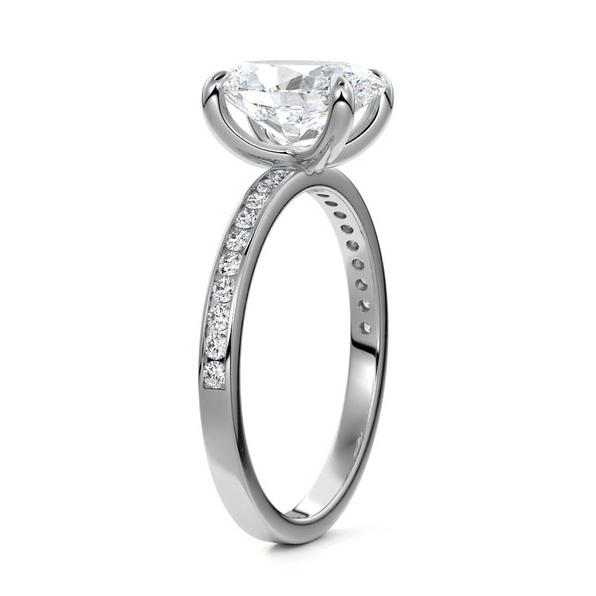 Silver Oval Solitaire Diamond Engagement Ring with Pave Band