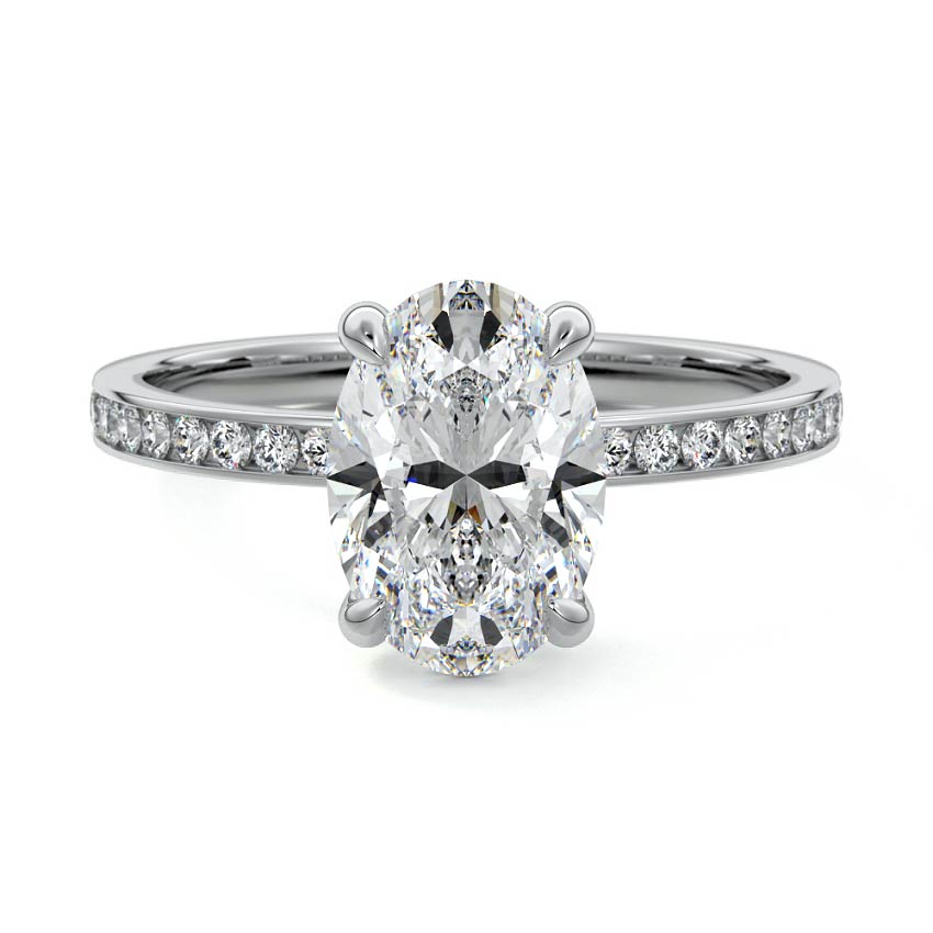 Silver Oval Solitaire Diamond Engagement Ring with Pave Band
