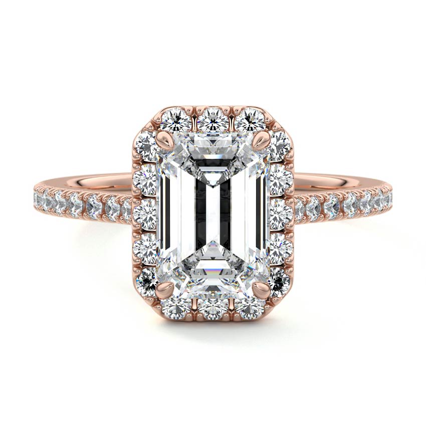 Rose gold Emerald Diamond Halo Engagement Ring with Round Accents