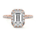 Rose gold Emerald Diamond Halo Engagement Ring with Round Accents