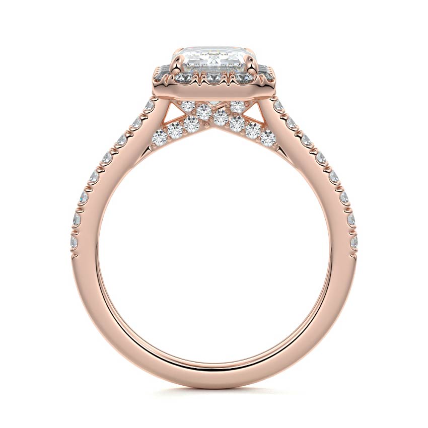Rose gold Emerald Diamond Halo Engagement Ring with Round Accents