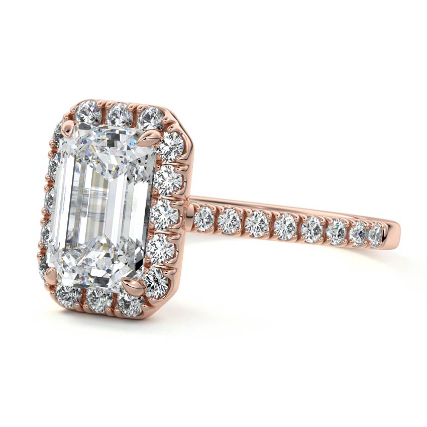 Rose gold Emerald Diamond Halo Engagement Ring with Round Accents