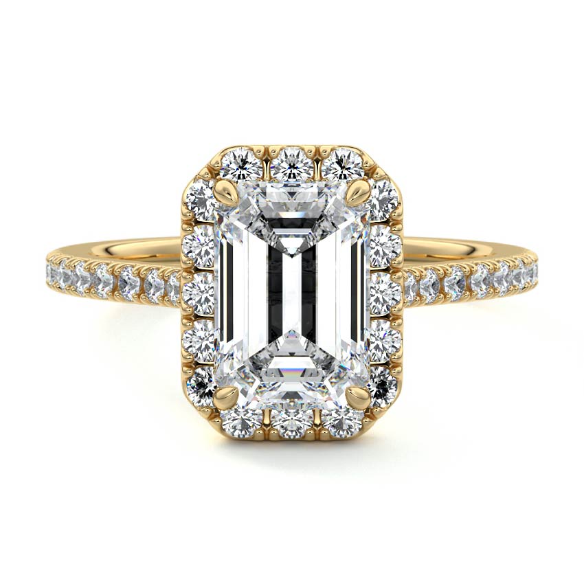 Yellow gold Emerald Diamond Halo Engagement Ring with Round Accents