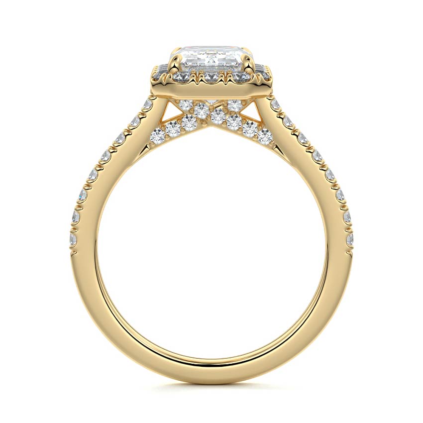 Yellow gold Emerald Diamond Halo Engagement Ring with Round Accents
