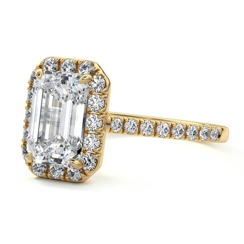 Yellow gold Emerald Diamond Halo Engagement Ring with Round Accents