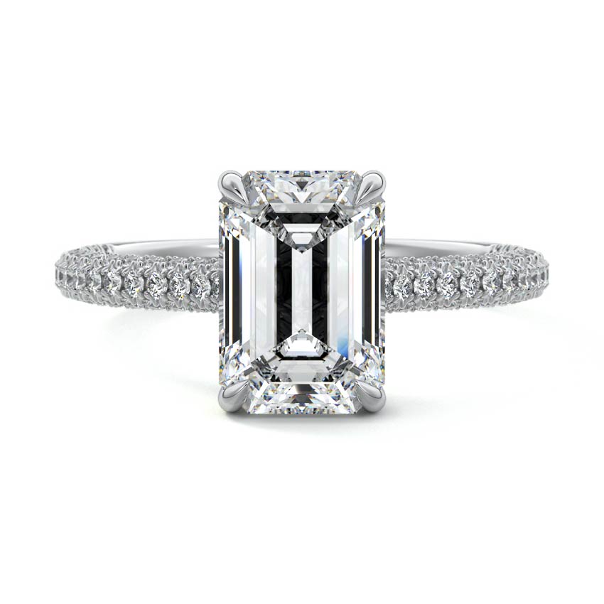 White gold Emerald Diamond Engagement Ring with Hidden Halo and Pave Band