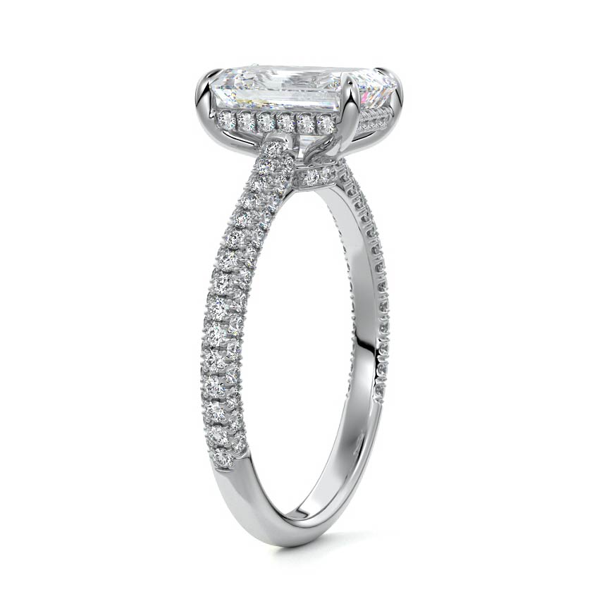 White gold Emerald Diamond Engagement Ring with Hidden Halo and Pave Band