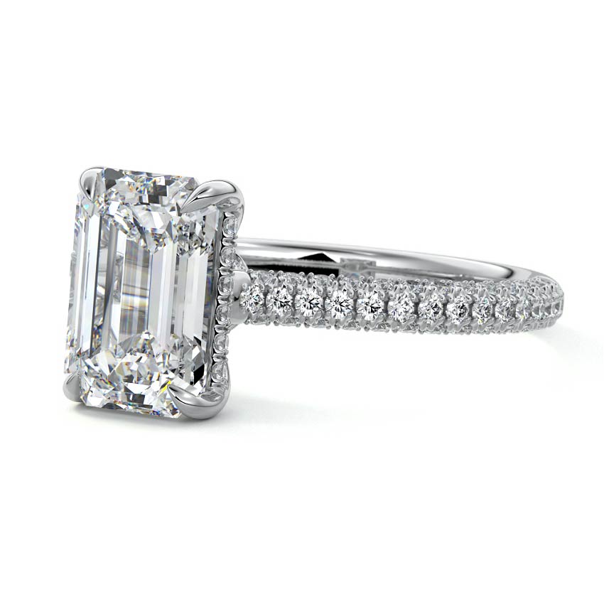 White gold Emerald Diamond Engagement Ring with Hidden Halo and Pave Band