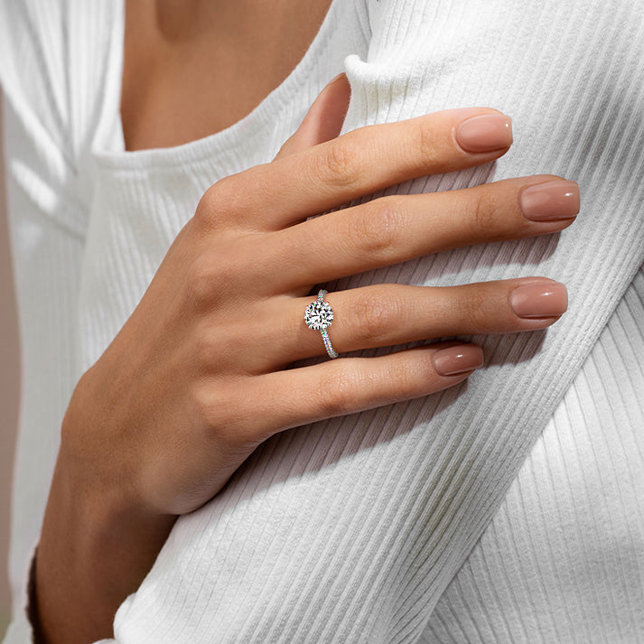 Silver Round Diamond Engagement Ring with Hidden Halo and Pave Band