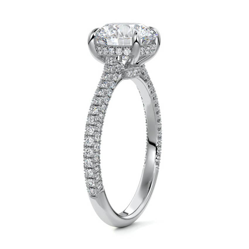 Silver Round Diamond Engagement Ring with Hidden Halo and Pave Band