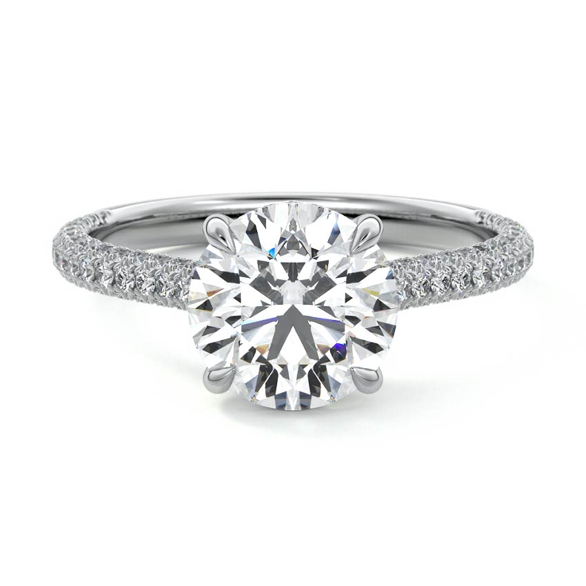 Silver Round Diamond Engagement Ring with Hidden Halo and Pave Band