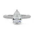 Silver Pear Diamond Engagement Ring with Hidden Halo and Pave Band