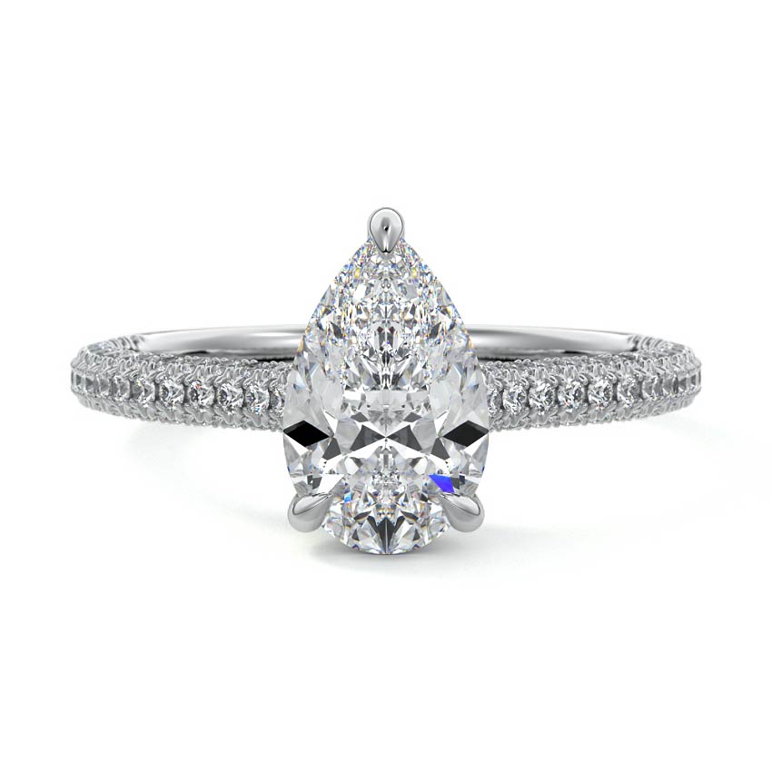 Silver Pear Diamond Engagement Ring with Hidden Halo and Pave Band