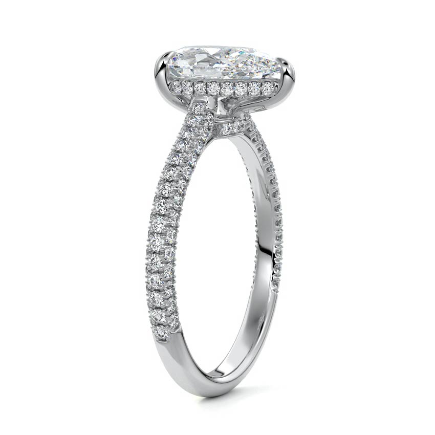 Silver Pear Diamond Engagement Ring with Hidden Halo and Pave Band