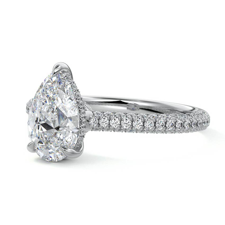 Silver Pear Diamond Engagement Ring with Hidden Halo and Pave Band