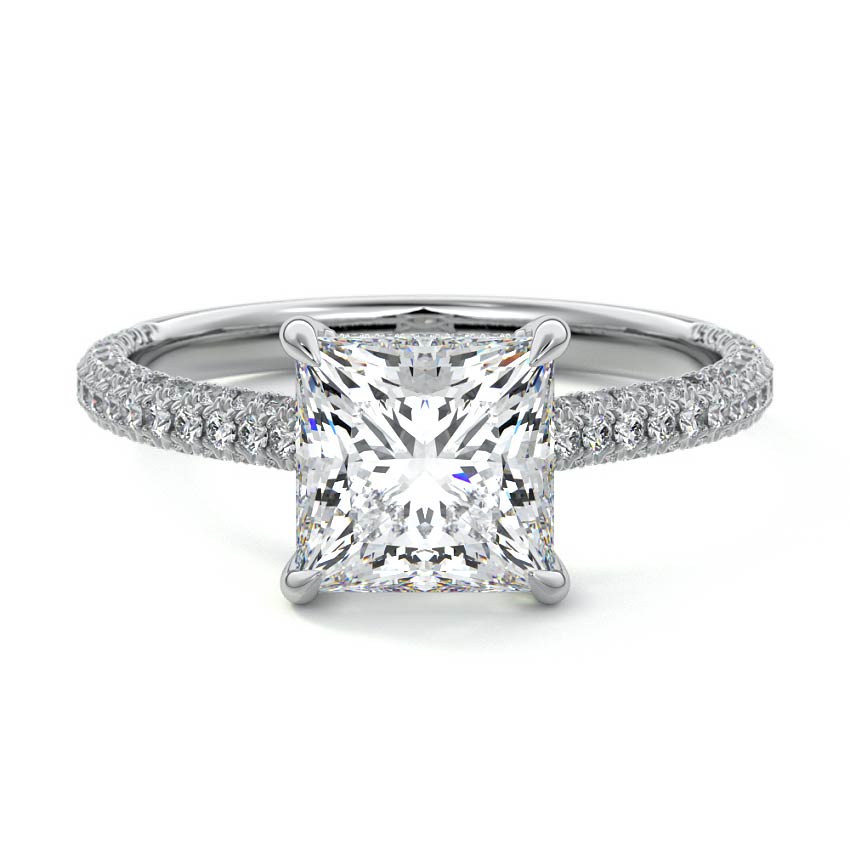 Platinum Princess Diamond Engagement Ring with Hidden Halo and Pave Band